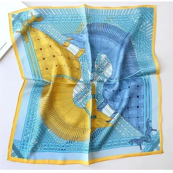Yellow and Blue Pattern Mulberry Silk Neck Scarf 